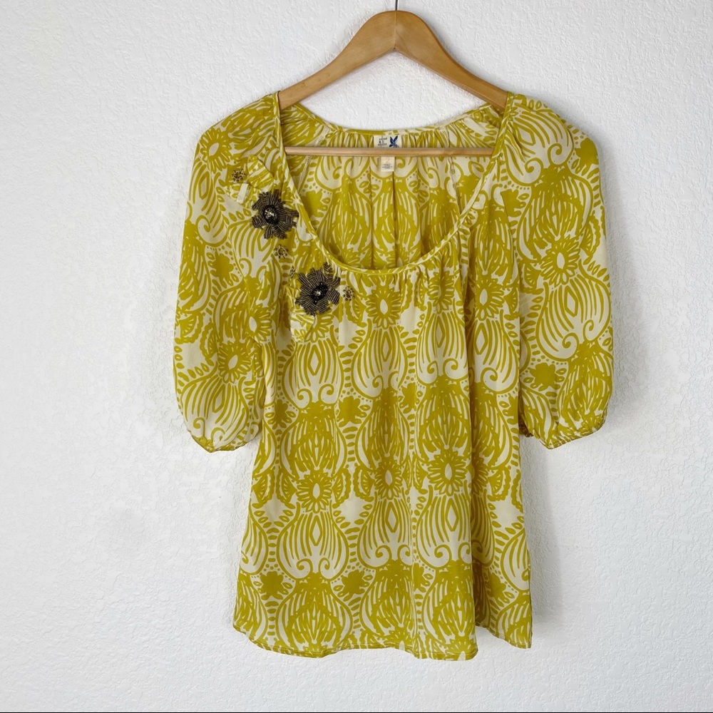 Anthropologie Edme & Esyllte Green & Cream Printed Silk Blouse